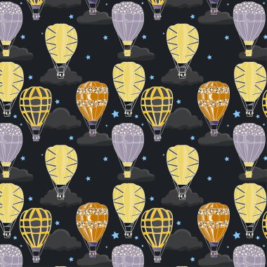 Seamless pattern of arylide yellow, ochre, heliotrope gray color hot air balloon with Davys grey color clouds and maya blue color stars on eerie black on background. Textile deign, wallpaper, advertise