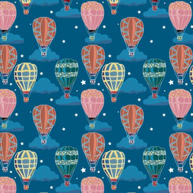 Seamless pattern of arylide yellow, shimmering blush, redwood, deep jungle green color hot air balloon with blue NCS color clouds and white color stars on blue sapphire on background. textile deign.