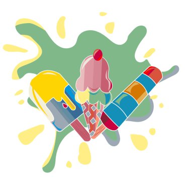 Vector set of cyber yellow, dark sea green, blue green , shimmering blush , cadet grey color ice candy, cone ice cream and milk ice candy with ice cream splash on background. textile design, wallpaper