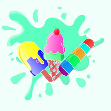 Vector set of sea green crayola, erin, yellow, blue, fuzzy wuzzy, dark magenta, purple color ice candy, cone ice cream and milk ice candy with ice cream splash on background. textile design, wallpaper