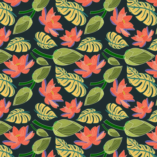 Beautiful floral seamless pattern of dark olive green, orange soda, dark green x 11, liberty color lotus flower, lotus bud and leaf on charleston green color background. textile design, wallpaper.