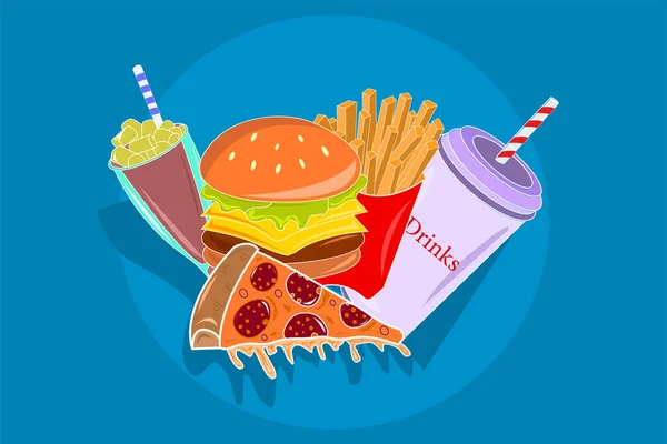 colorful and delicious fast food or junk food meal set vector on blue NCS background. cheese burger, milkshake or cold coffee with marshmallow, cold drink, french fires and slice of pizza.food vector.