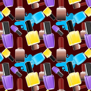 Seamless pattern of yellow pantone,medium purple,capri,blast off bronze color nail paint bottle or nail polish bottle with black and OU crimson red color cap on black bean background. beauty product.