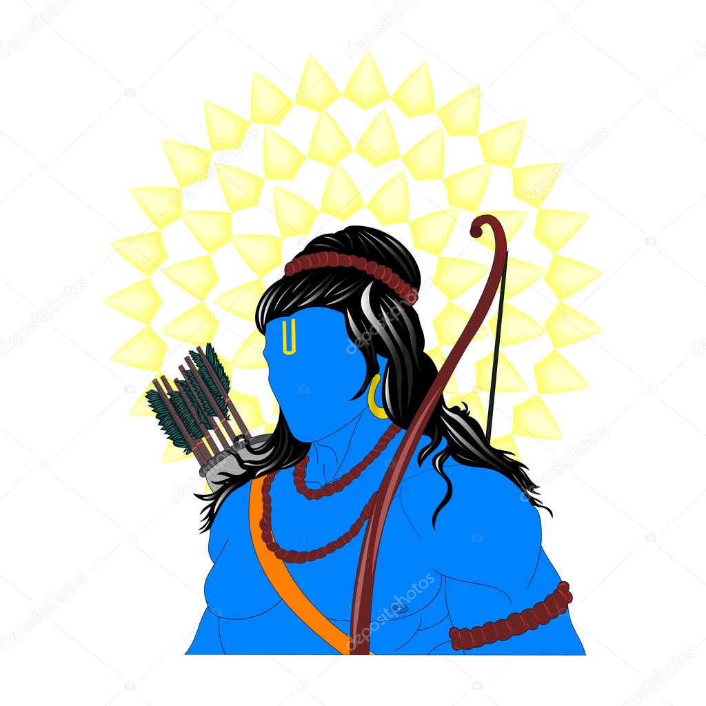 Vector art of lord ram or rama azure body color with persian plum, silver chalice color bow and arrows with rudraksh mala on white color background. Ram navami, dussehera festival celebration India.