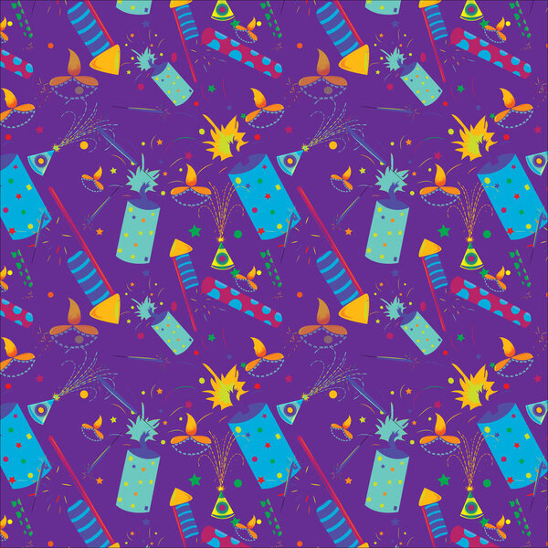 Бесшовный рисунок бордовый х 11, фиолетовый цвет свечи фейерверк, цветочный горшок, серый цвет Искры, средний синий зеленый цвет бомбы и ракеты с масляной лампой на Ребекке фиолетовый фон.