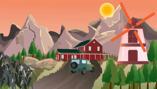 ミルクルグリーンのカラー作物や農地に囲まれたカーマインカラーフレームの家のベクトルイラスト 家の近くのピンク色の風車バラ色の茶色の山と背景に濃いサーモンの夕日 — ストックベクタ
