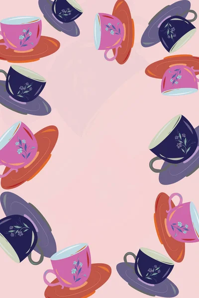 框架或边框的铜红色 超级粉红色 空间学员 深蓝色灰色茶杯和茶壶与茶壶后猪背景 相框的彩色设计和创意设计 — 图库矢量图片