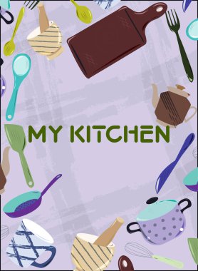 Mutfak aletlerinin çerçeve ya da sınır tasarımı, doğrama tahtası, çaydanlık, tava, bardak, bıçak, çatal, spatula, çırpı, esrar, havan ve tokmak gibi, mutfağım lavanta arkaplan üzerine yazılmış. .