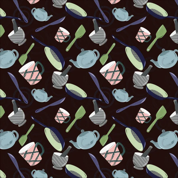 厨房用具无缝图案 西班牙粉红杯 花青茶壶 太空学员锅 战舰灰砂浆石 紫色海军刀在香菜背景 纺织品设计 — 图库矢量图片