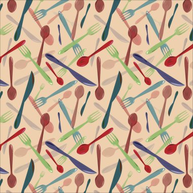 Derin uzay ışıltısının kusursuz deseni, mor donanma renk bıçağı, brendi, yukarı dell kırmızı renk kaşığı, olivin, öğrenci mavi çatalı açık turuncu zemin üzerinde. Tekstil tasarımı, duvar kağıdı, poster reklamları.
