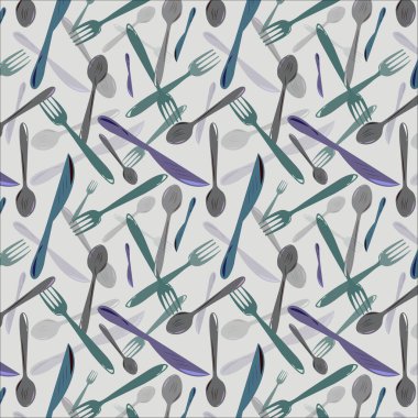 Mutfak aletlerinin pürüzsüz deseni koyu mavi gri, lacivert, Ming ve granit rengi gri renk bıçak, kaşık ve çatal gagalı arka plan. tekstil tasarımı, duvar kağıdı, reklam, poster, iç mimari.
