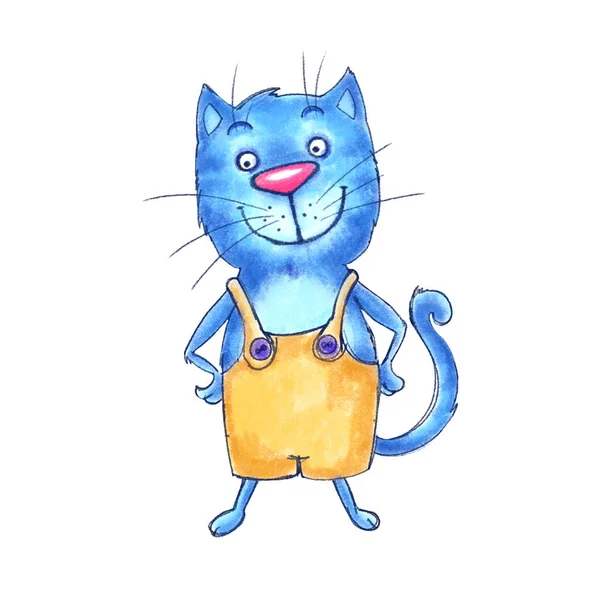 Şortlu el boyası suluboya dijital mavi kedi