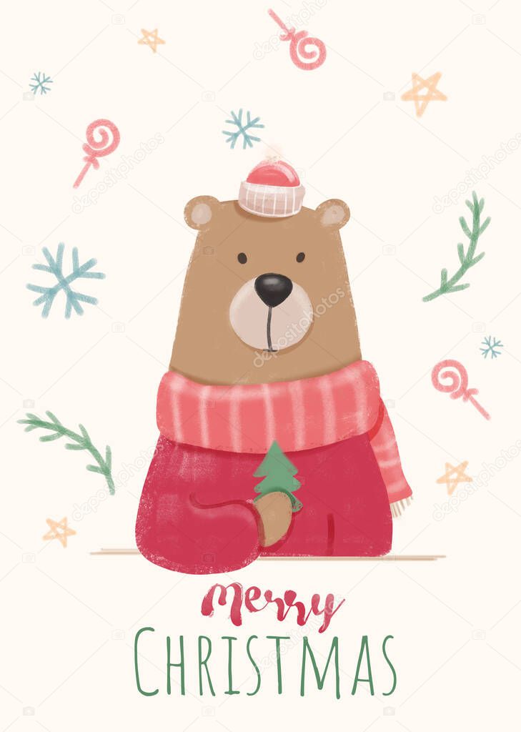 Handdrawing digital watercolor illustration Christmas bear
