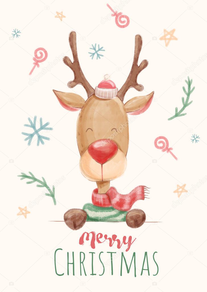 Handdrawing digital watercolor illustration Christmas deer