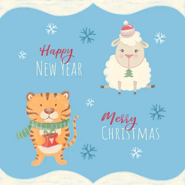 Noel kaplanı ve kuzu. Suluboya resim çizimi Noel kaplanı ve kuzu