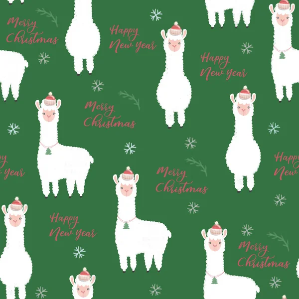 Noel lama modeli. El çizimi dijital suluboya resimli Noel lama deseni. Yeşil arka planda Noel Lama. Beyaz lama ile Noel deseni