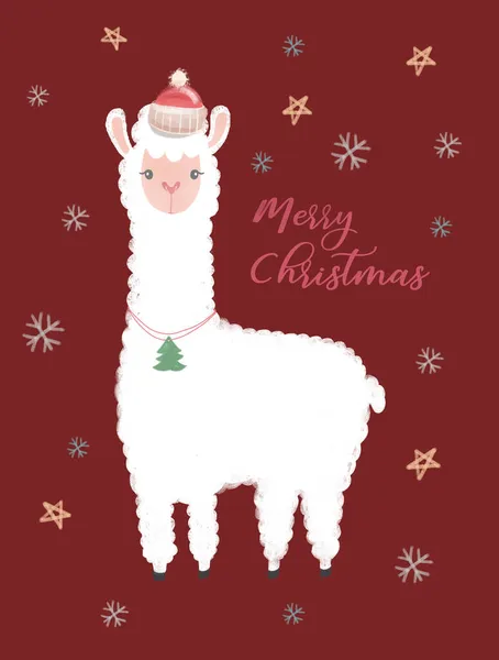 Noel Lama kartı. Dijital suluboya resimli el resmi Noel lama. Kırmızı arka planda Noel lama
