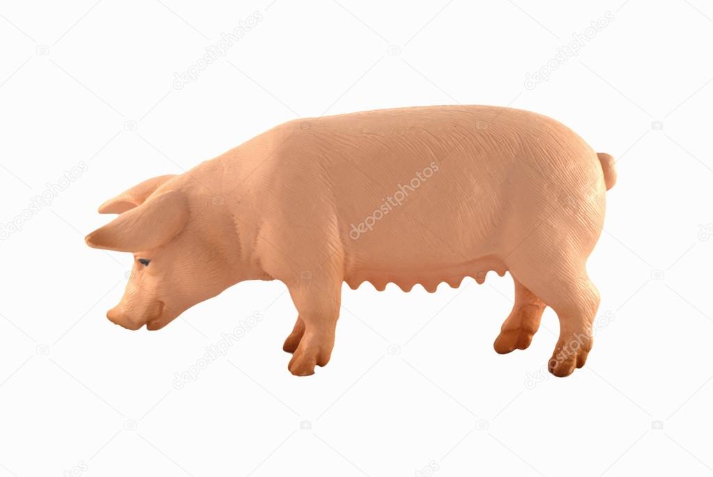 Toy pig isolated on white. Toy pink pig full length