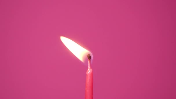 Soplando una vela de pastel ardiendo sobre un fondo rosa. Primer plano en la quema de velas de pastel de color rosa o magenta. Resolución Full HD cámara lenta feliz cumpleaños o aniversario de vídeo — Vídeos de Stock