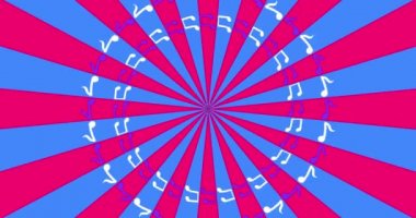 Animasyon renkli karikatür müzik arka planı. 4K çözünürlüğü. çok renkli disko arka planında müzikal semboller uçar