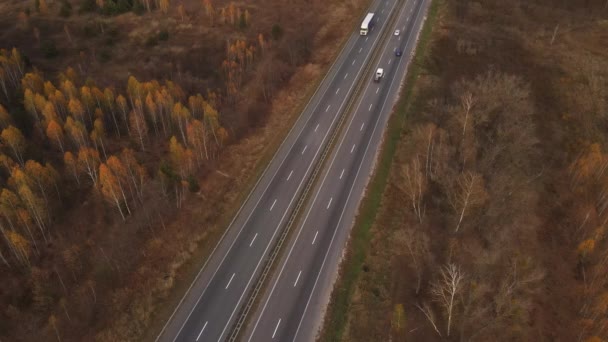 Drohne oder Luftaufnahme auf der Strecke, fahrende Autos und Bäume im Herbst. Video in 4K-Auflösung. Drohne schwebt über viel befahrener Straße. — Stockvideo