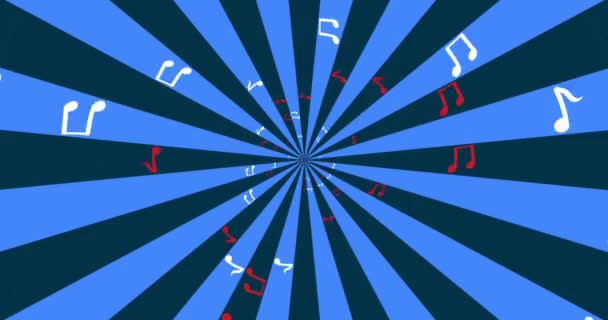 Animierte bunte Cartoon-Musik Hintergrund. 4K-Auflösung. Musikalische Symbole fliegen auf buntem Disco-Hintergrund — Stockvideo