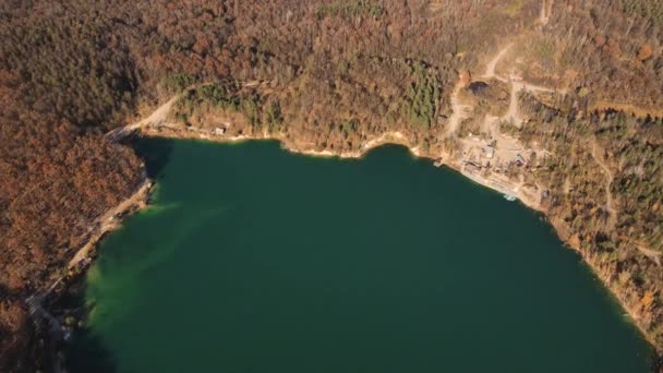 Alto por encima de Drone Vista sobre el claro lago de color azul turquesa y hermoso bosque de otoño Vista aérea sobre los árboles de oro y el lago — Vídeos de Stock