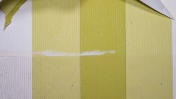 スローモーションは、壁から古い壁紙を削除するフルHDビデオを閉じます。マンション改修コンセプト — ストック動画