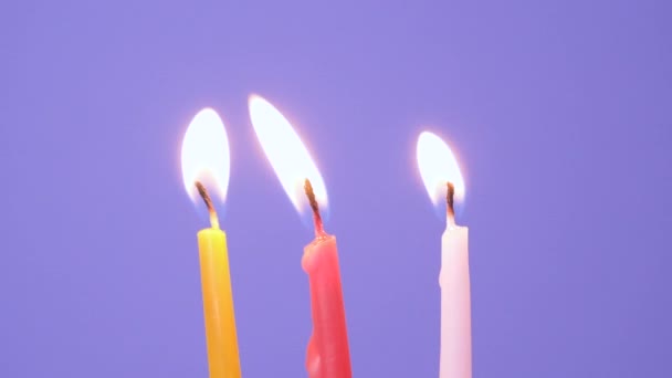 Seguir soplando Tres velas de pastel ardiendo sobre un fondo púrpura. Primer plano en el soplo de velas de pastel amarillo, rosa y magenta. Resolución Full HD cámara lenta feliz cumpleaños video — Vídeos de Stock