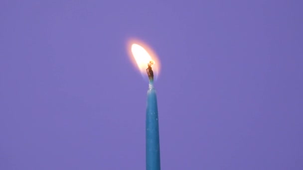 One blue cake candle burning on a purple background. Close up on burning cake candle. Full HD resolution slow motion happy birthday or anniversary video banner. — Vídeo de Stock