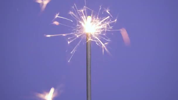 Close up banner of Bright burning sparkler on a violet or purple background. Merry Christmas or Happy New Year concept. 4k resolution video — Stockvideo