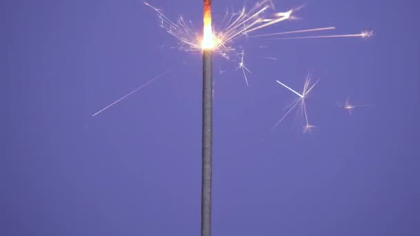 Close up banner of Bright burning sparkler on a violet or purple background. Merry Christmas or Happy New Year concept. 4k resolution video — 图库视频影像