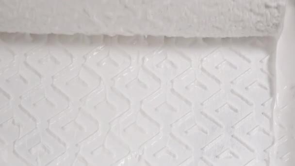 Roller doppas i vit färg hälls i en pall. En närbild av tjock vit färg och rulle i plastbricka. Renoveringskoncept — Stockvideo