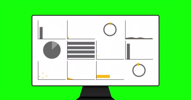 Geanimeerde infographics set. Animatie van twaalf verschillende grafieken en grafieken in oranje kleur gepresenteerd op monitor mock up geïsoleerd op groene achtergrond. Hoge kwaliteit 4k beeldmateriaal — Stockvideo