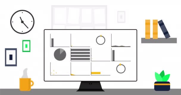 Ordinateur de bureau avec des infographies modernes à l'écran. Bureau, données modernes ou animation statistique. Animation résolution 4K — Video