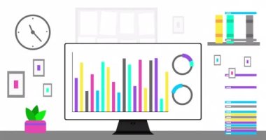 Office computer with modern Infographics on screen. Modern Office interior and data or statistic animation. 4K resolution animation. Office setup close up.