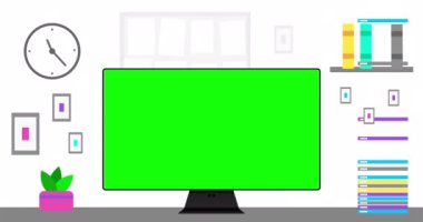 Office, modern computer and chromakey screen. 4K resolution animation. Close up view on office interior animation.
