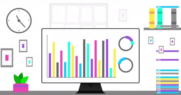 Office Computer Modern Infographics Screen Modern Office Interior Data Statistic — Vídeos de Stock