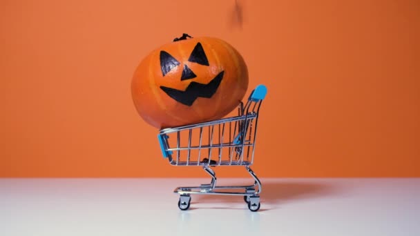 Funny Scary Halloween Pumpkin Supermarket Trolley Falling Black Spiders Isolated — Αρχείο Βίντεο