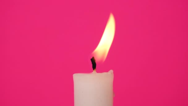 Festive White Candle Bright Pink Background Candle Burning Resolution Romantic — Vídeo de stock