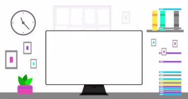 Ofis, modern bilgisayar ve boş ekran. 4K çözünürlük animasyonu. Ofisin iç animasyonunu kapat.