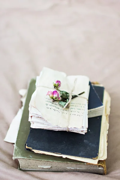 Libros viejos y cartas con rosa seca . — Foto de Stock