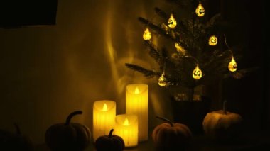 Mumlar, balkabakları ve cadılar bayramı ağacıyla karanlık gece sihir sahnesi. Ev dekoru.