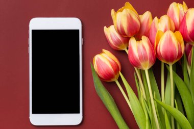 Bordo arka planında laleleri olan akıllı telefon modeli. Sunum veya appl tasarımı için aygıt ekran modeli