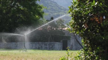 Automatic watering green grass lawn in summer city park with mountains in the background in Montenegro. Smart garden activated with automatic sprinkler irrigation system. Slow motion 4K UHD