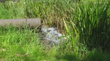 The industrial wastewater is discharged from the pipe into the river. Waste water discharge. Environmental pollution, Ecological problems