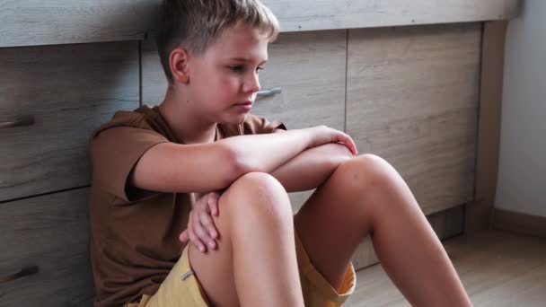 Unhappy Depressed Teenage Boy Sitting Alone Floor Bedroom Thinking Problem — Video