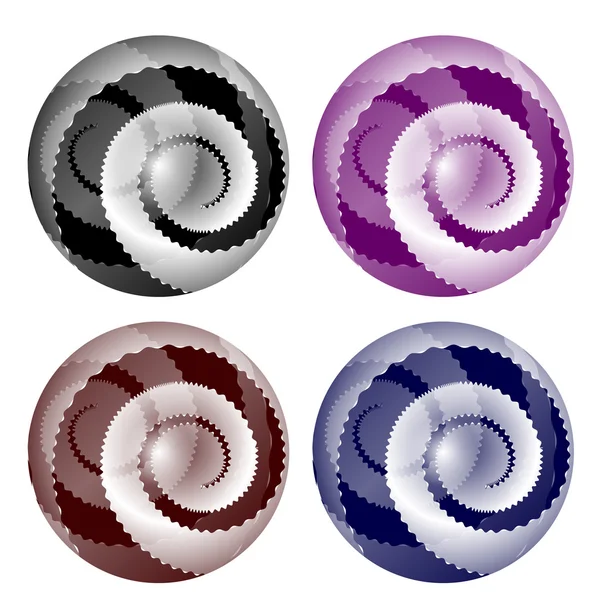 Чотири абстрактних м'яча з зубчастими спіралями — стоковий вектор
