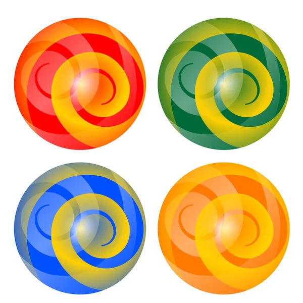 Four abstract ball with yellow spiral — Stock Vector