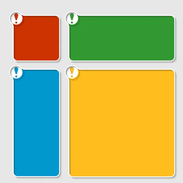 Uppsättning av fyra färgade rutan för text med utropstecken — Stock vektor